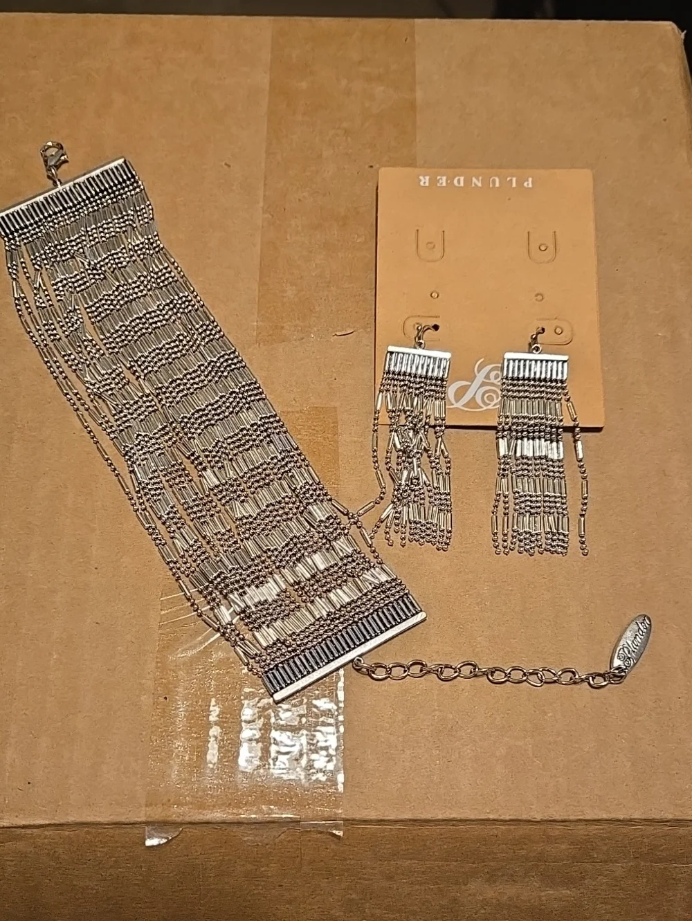 Plunder Silver Multi-Strand Fringe Bracelet with Matching Earrings